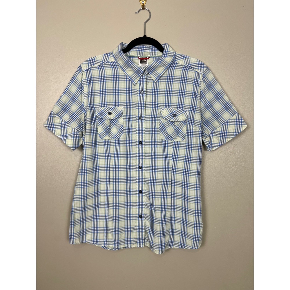 The North Face Womens XL Blue Green Plaid Short Sleeve Button Down Shirt AU2R